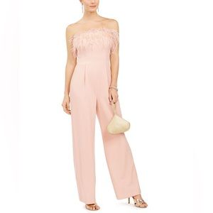 Eliza J Strapless Feather Trim Flare Leg Jumpsuit